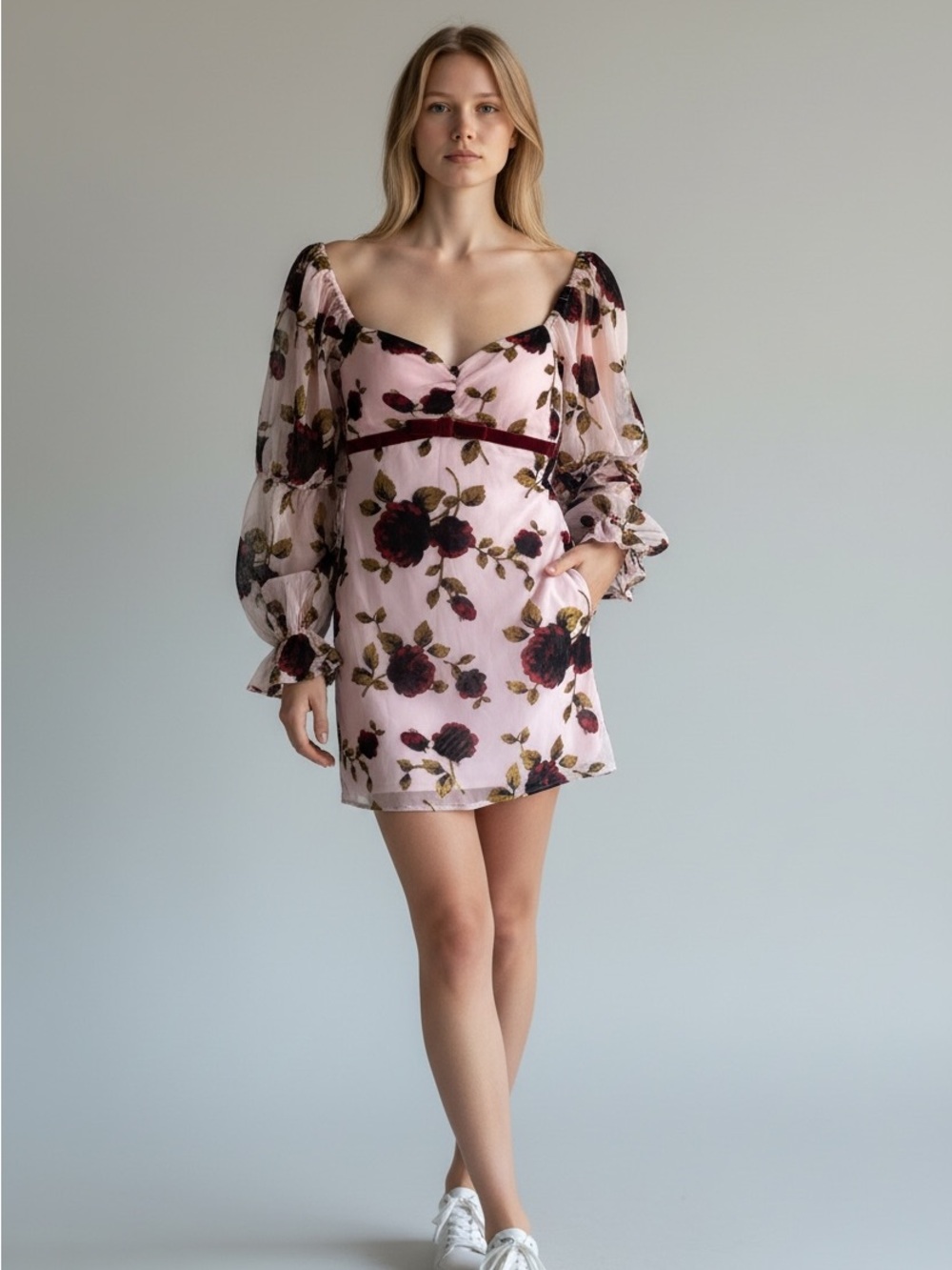 Avec Les Filles Light Pink Floral Velvet-Trim Mini Dress Romantic